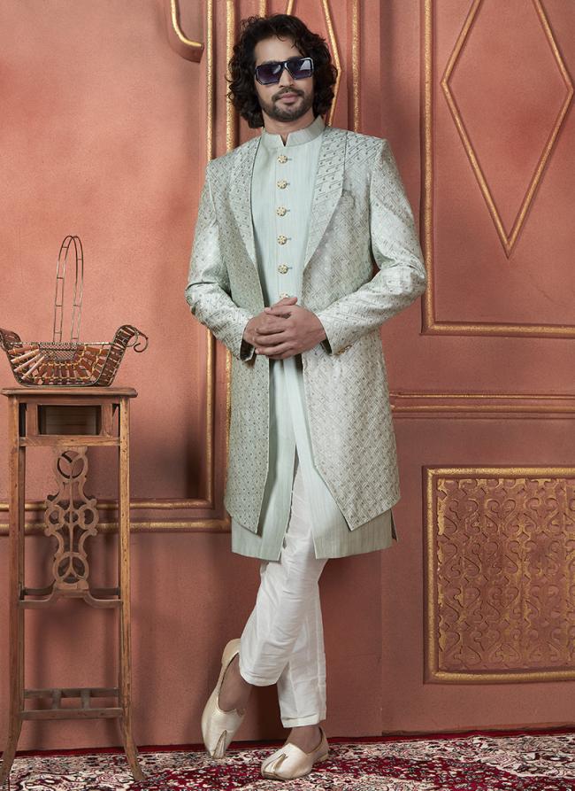 Silk Pista Green Wedding Wear Computer Thread Readymade Sherwani Set